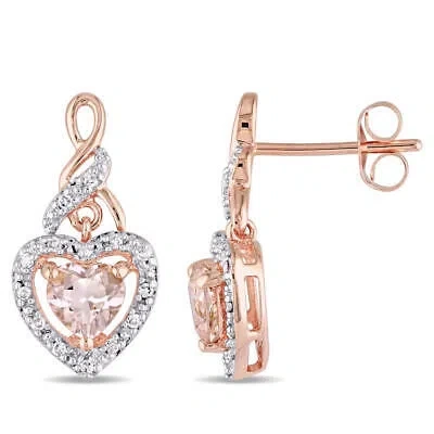 Pre-owned Amour Halo Heart Shaped Morganite And 1/8 Ct Tw Diamond Earrings In 10k Rose In Pink