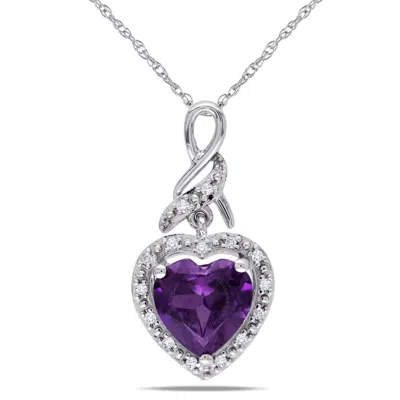 Amour Halo Heart Shaped Simulated Alexandrite Pendant And Chain With Diamonds In 10k White Gold In Purple