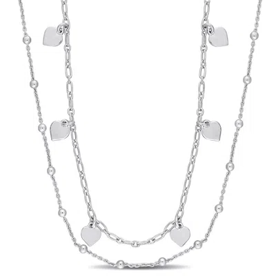 Amour Heart And Ball Bead Chain Necklace In Sterling Silver In White