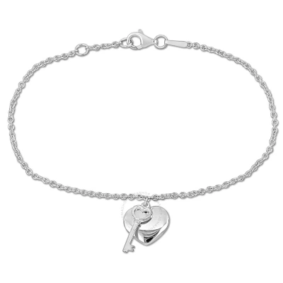 Amour Heart & Key Charm Bracelet With Lobster Clasp In Sterling Silver - 6.5+0.5 In Metallic