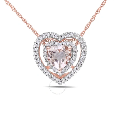 Amour Heart-cut Morganite And 1/5 Ct Tw Diamond Double Heart Halo Necklace In 10k Rose Gold In Gold / Rose / Rose Gold / White