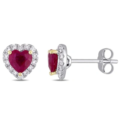 Amour Heart Shape Ruby And 1/3 Ct Tw Diamond Halo Stud Earrings In 14k White Gold With Yellow Gold P In Metallic