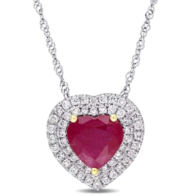 Amour Heart Shape Ruby And 1/4 Ct Tw Diamond Double Halo Pendant With Chain In 14k White Gold With Y In Gold / Ruby / White / Yellow
