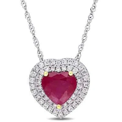 Pre-owned Amour Heart Shape Ruby And 1/4 Ct Tw Diamond Double Halo Pendant With Chain In In Check Description