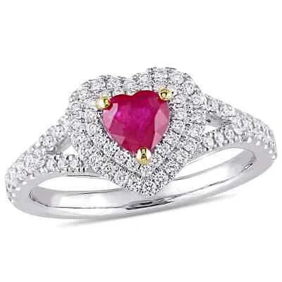 Pre-owned Amour Heart Shape Ruby And 2/5 Ct Tw Diamond Double Halo Ring In 14k White Gold In Check Description