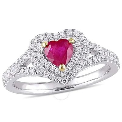 Amour Heart Shape Ruby And 2/5 Ct Tw Diamond Double Halo Ring In 14k White Gold With Yellow Gold Pro In Metallic