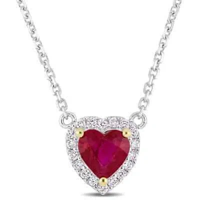 Pre-owned Amour Heart Shape Ruby And Diamond Accent Halo Necklace In 14k White Gold With In Check Description