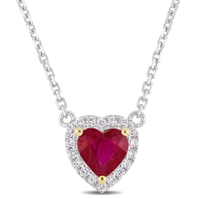 Amour Heart Shape Ruby And Diamond Accent Halo Necklace In 14k White Gold With Yellow Gold Prongs In Gold / Ruby / White / Yellow