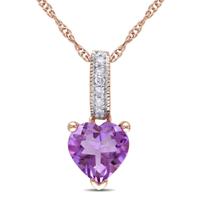 Amour Heart Shaped Amethyst Pendant And Chain With Diamonds In 10k Rose Gold