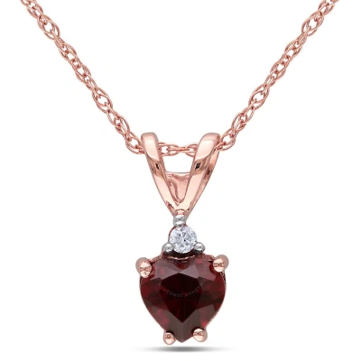 Amour Heart Shaped Garnet And Diamond Pendant With Chain In 10k Rose Gold In Pink