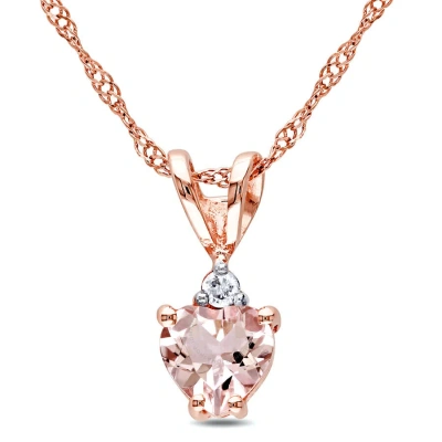 Amour Heart Shaped Morganite And Diamond Pendant With Chain In 10k Rose Gold In Pink