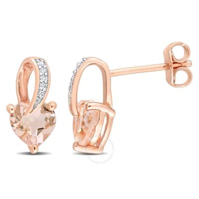Amour Heart Shaped Morganite And Diamond Swirl Earrings In Rose Plated Sterling Silver In Pink