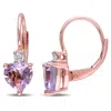 AMOUR AMOUR HEART SHAPED ROSE DE FRANCE AND CREATED WHITE SAPPHIRE LEVERBACK EARRINGS IN ROSE PLATED STERL