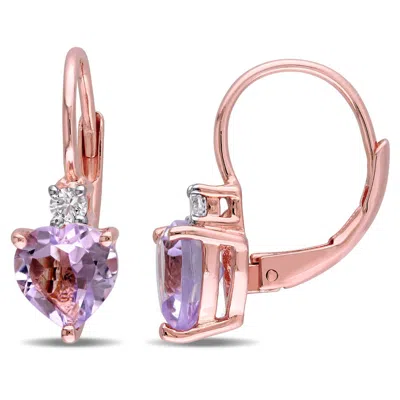 Amour Heart Shaped Rose De France And Created White Sapphire Leverback Earrings In Rose Plated Sterl In Pink