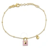 AMOUR AMOUR LOCK AND HEART PINK ENAMEL DIAMOND CUT CABLE AND BALL BEAD CHAIN BRACELET IN YELLOW PLATED STE