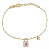 Amour Lock And Heart Pink Enamel Diamond Cut Cable And Ball Bead Chain Bracelet In Yellow Plated Ste In Yellow