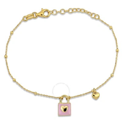Amour Lock And Heart Pink Enamel Diamond Cut Cable And Ball Bead Chain Bracelet In Yellow Plated Ste