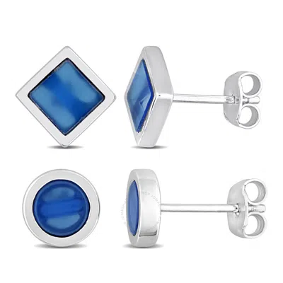 Amour Men's 2-piece Set 1 5/8ct Tgw Blue Agate Square And Round Stud Earrings In Sterling Silver In Metallic