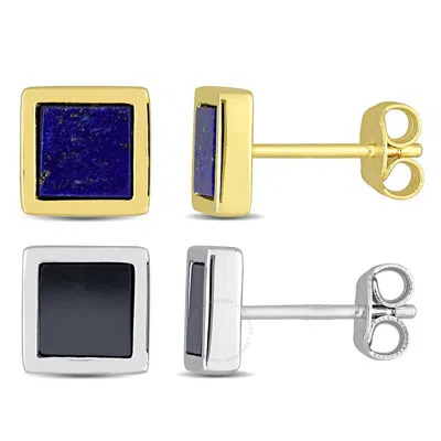 Amour Men's 2-piece Set 2ct Tgw Lapis And Hematite Square Stud Earrings In Yellow And Sterling Silve