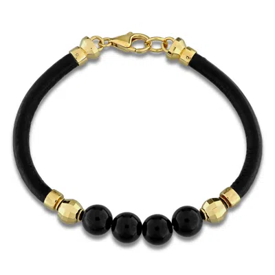 Amour Men's 40ct Tgw Black Onyx Black Leather Bracelet In Yellow Plated Sterling Silver - 9 In