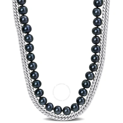 Amour Men's 7.5-8mm Cultured Freshwater Black Pearl And Double Curb-link Chain 2-strand Necklace In