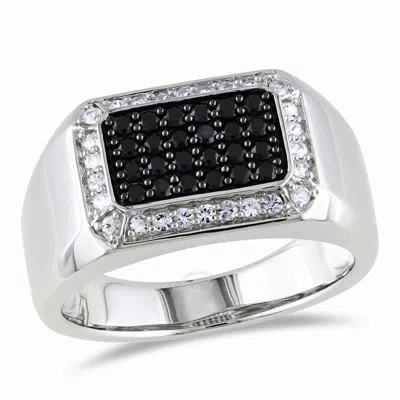 Amour Men's Halo Black Spinel And White Sapphire Square Ring In Sterling Silver In Black / Silver / White
