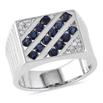 Amour Men's White And Blue Sapphire Square Statement Ring In Sterling Silver In Metallic