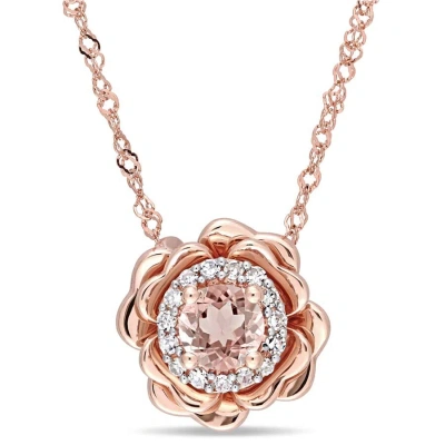 Amour Morganite And 1/10 Ct Tw Diamond Halo Flower Pendant With Chain In 10k Rose Gold In Gold / Gold Tone / Rose / Rose Gold / Rose Gold Tone