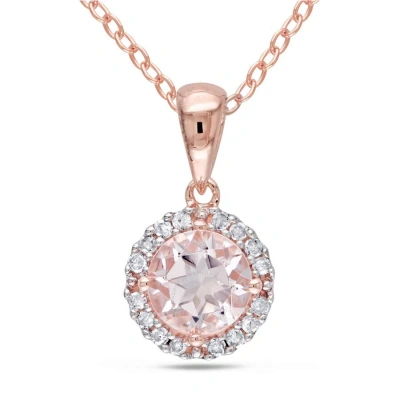 Amour Morganite And 1/10 Ct Tw Diamond Halo Necklace In Rose Plated Sterling Silver In Rose / Silver / Spring