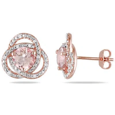 Pre-owned Amour Morganite And 1/10 Ct Tw Diamond Trillium Stud Earrings In Rose Plated In Pink
