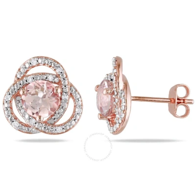 Amour Morganite And 1/10 Ct Tw Diamond Trillium Stud Earrings In Rose Plated Sterling Silver In Gold