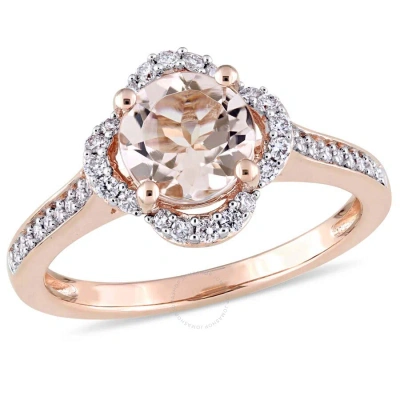 Amour Morganite And 1/4 Ct Tw Diamond Quatrefoil Halo Ring In 14k Rose Gold