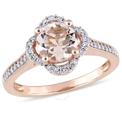 Amour Morganite And 1/4 Ct Tw Diamond Quatrefoil Halo Ring In 14k Rose Gold