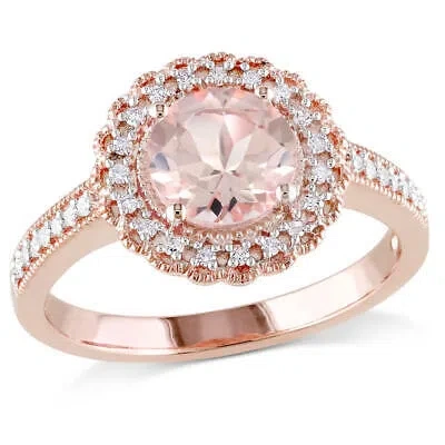 Pre-owned Amour Morganite And 1/8 Ct Tw Diamond Floral Halo Ring In Rose Plated Sterling In Pink
