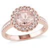 AMOUR AMOUR MORGANITE AND 1/8 CT TW DIAMOND FLORAL HALO RING IN ROSE PLATED STERLING SILVER