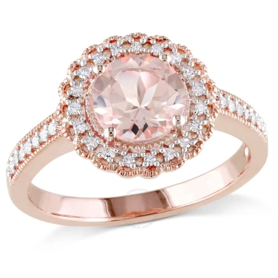 Amour Morganite And 1/8 Ct Tw Diamond Floral Halo Ring In Rose Plated Sterling Silver In Gold