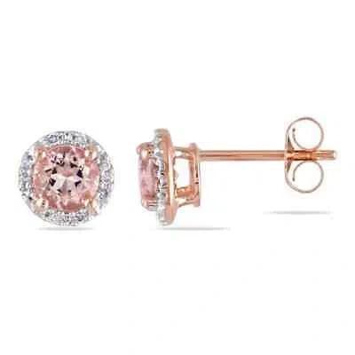 Pre-owned Amour Morganite And Diamond Halo Stud Earrings In 10k Rose Gold In Check Description