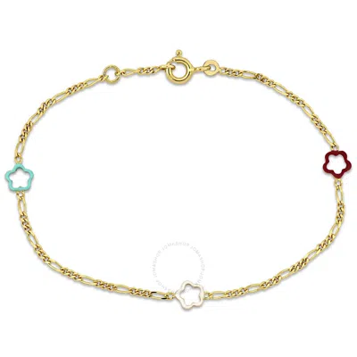 Amour Multi-color Enamel Flower Charm Rolo Chain Link Bracelet In 14k Yellow Gold - 6+0.5 In.