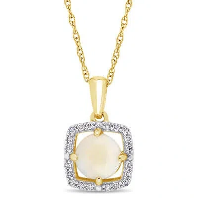 Pre-owned Amour Opal And 1/10 Ct Tw Diamond Floating Square Halo Necklace In 10k Yellow