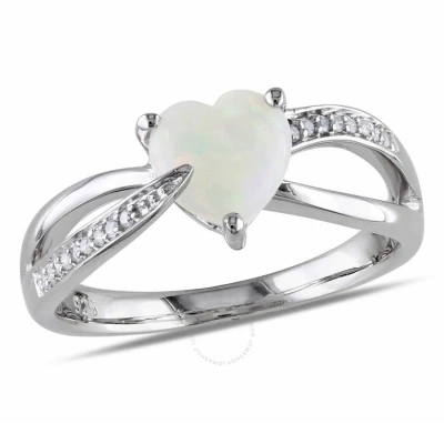 Amour Opal And Diamond Heart Crossover Ring In Sterling Silver In White