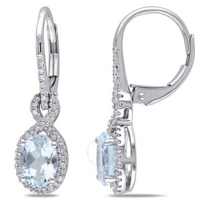 Amour Oval Aquamarine And 1/4 Ct Tw Diamond Leverback Earrings In 10k White Gold In Metallic