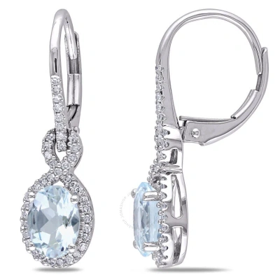 Amour Oval Aquamarine And 1/4 Ct Tw Diamond Leverback Earrings In 10k White Gold