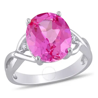 Amour Oval Cut 7 1/2 Ct Tgw Created Pink Sapphire And Diamond Accent Ring In Sterling Silver In White
