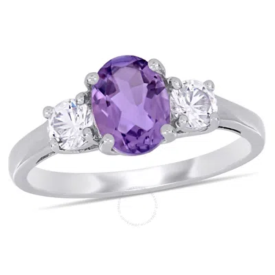 Amour Oval Cut Amethyst And Created White Sapphire 3-stone Ring In Sterling Silver In Metallic