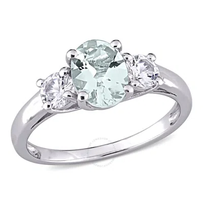 Amour Oval Cut Aquamarine And Created White Sapphire 3-stone Ring In Sterling Silver In Metallic