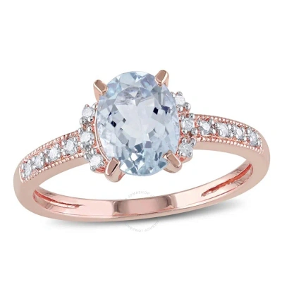 Amour Oval Cut Aquamarine And Diamond Ring In Rose Plated Sterling Silver In Pink