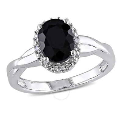 Amour Oval Cut Black Sapphire And Diamond Crossover Ring In Sterling Silver