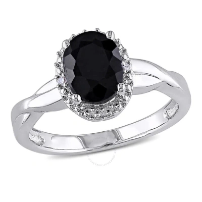 Amour Oval Cut Black Sapphire And Diamond Crossover Ring In Sterling Silver In White