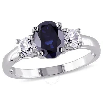 Amour Oval Cut Created Blue And Created White Sapphire 3-stone Ring In Sterling Silver In Metallic