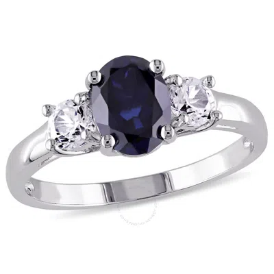 Amour Oval Cut Created Blue And Created White Sapphire 3-stone Ring In Sterling Silver